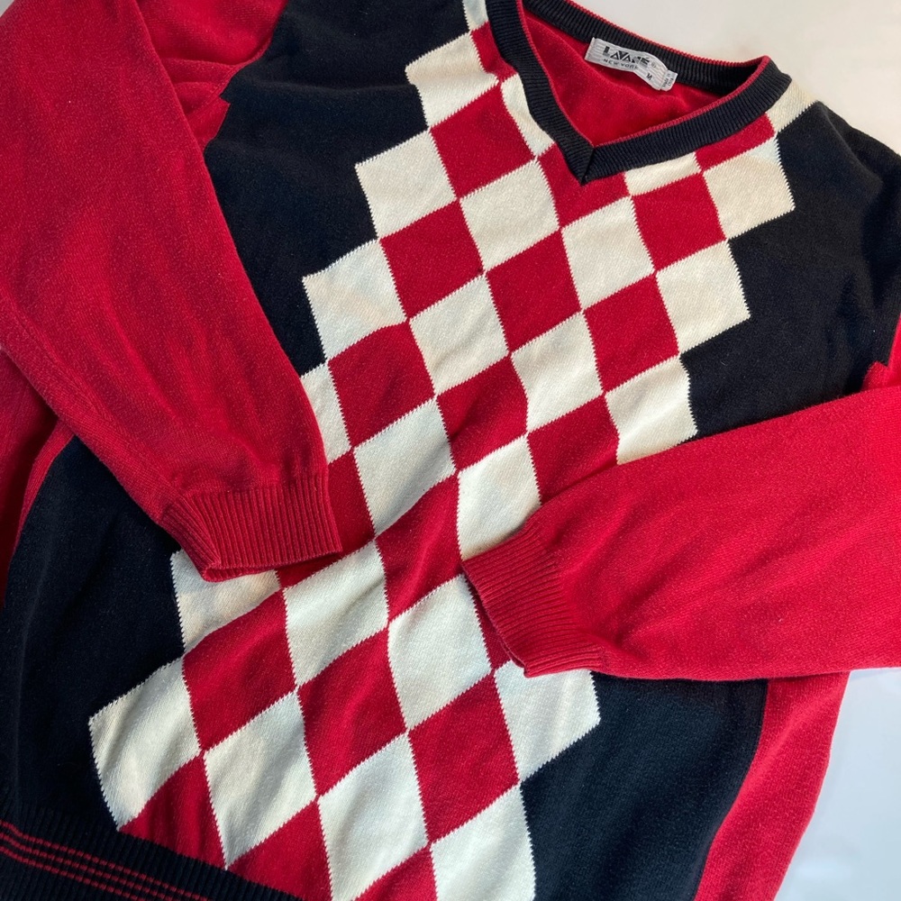 Vintage LAVANE NEW YORK Women's M Acrylic check V-Neck Sweater - Made USA